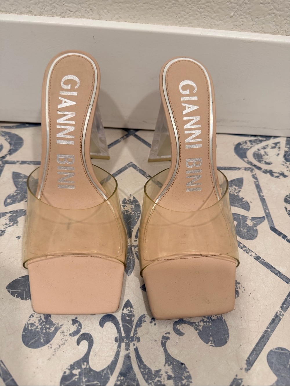 Gianni Bini Clear Strap Nude Block Heel Mules